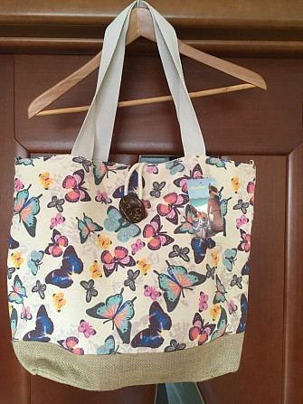 Сумка новая женская пляжная большая текстиль тканевая рисунок бабочки бежевая Москва - изображение 1