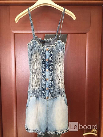 Комбинезон elisabetta franchi celyn m 46 27 б/у шорты джинсовый резинка голубой синий оборки лето Москва - изображение 1